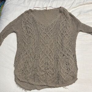 Free People Brown V-Neck Cable Knit Sweater